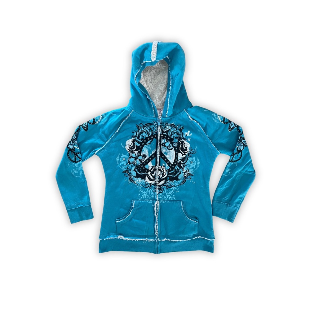 Blue Butterfly Peace Sign Sherpa Lined Full Zip Hooded Jacket XL 16